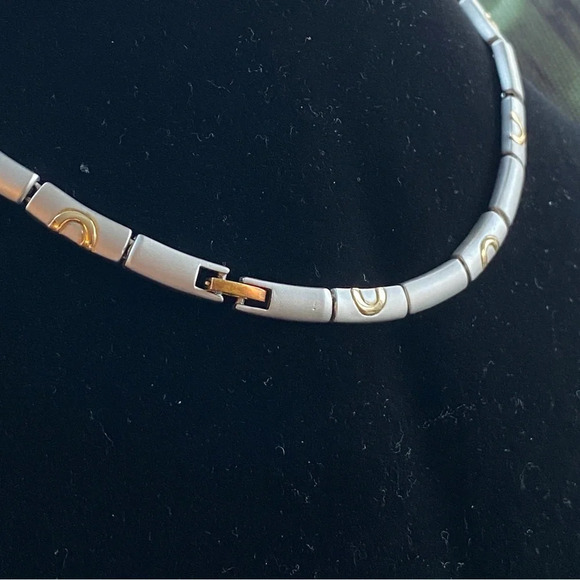 Modernist Brushed Metal Choker Necklace inset with Gold Colored Circles - Picture 7 of 11